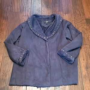 Dennis Basso Charcoal Grey Faux Fur Lined Coat with Fringe Hem size XL